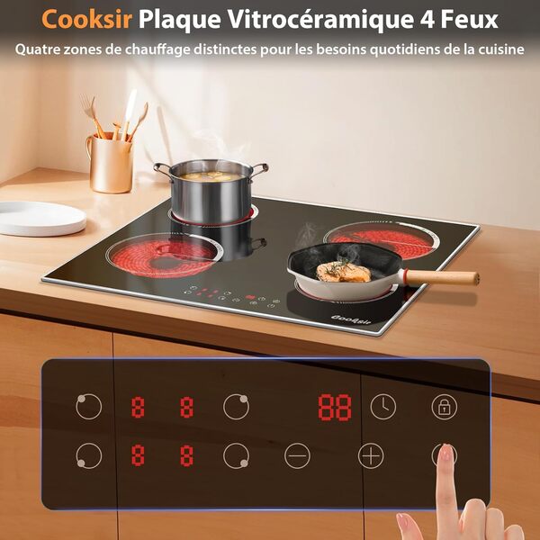 Plaque Vitrocéramique 4 Feux avec Cadre, Table de Cuisson Vitroéramique 60CM Encastrable, Bord Inox, Plaque Cuisson électrique 6000W, Minuterie, Verre Céramique Noir, Sans Prise, 240V