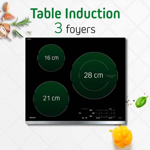 Sauter - SPI4360X - Plaque Induction - Table de Cuisson - Couleur Inox - 3 Foyers - 7200W - Dimensions Encastrement : 56x49cm - Grand Foyer 28 cm et 14 Positions Cuissons - Fabriqué en France