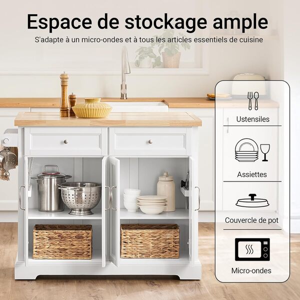 SoBuy Desserte de Cuisine à roulettes, Îlot Central avec Plan de Travail Extensible Chariot Mobile pour Cuisine ou Salle à Manger, Meuble de Cuisine avec Rangement Blanc 115x46/71x92 cm FKW71-II-WN