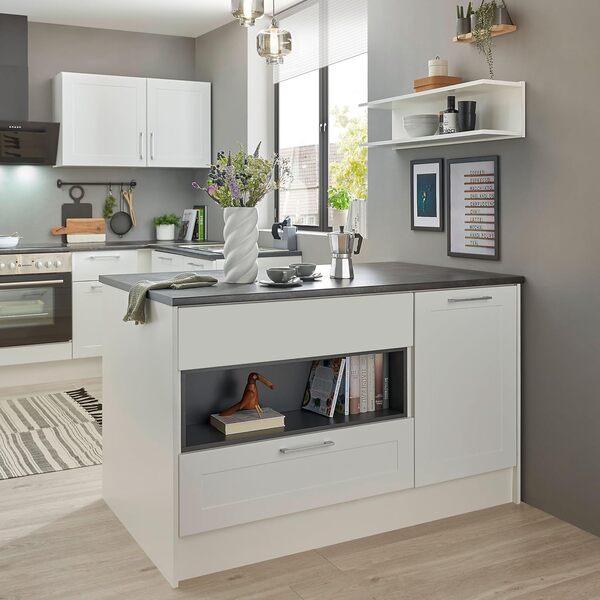 Stella Trading MARSEILLE Ilot de cuisine moderne indépendant en blanc, marron métallisé - Ilot de cuisine spacieux avec plan de travail - 145 x 90 x 90 cm (L/H/P)