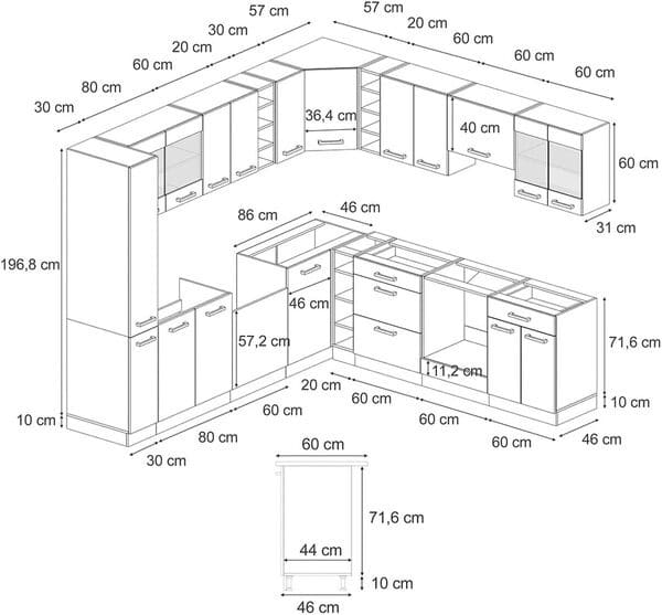 Vicco Cuisine en Angle R-Line, Chêne de Force doré, 257x60cm J-Shape, sans Plan de Travail