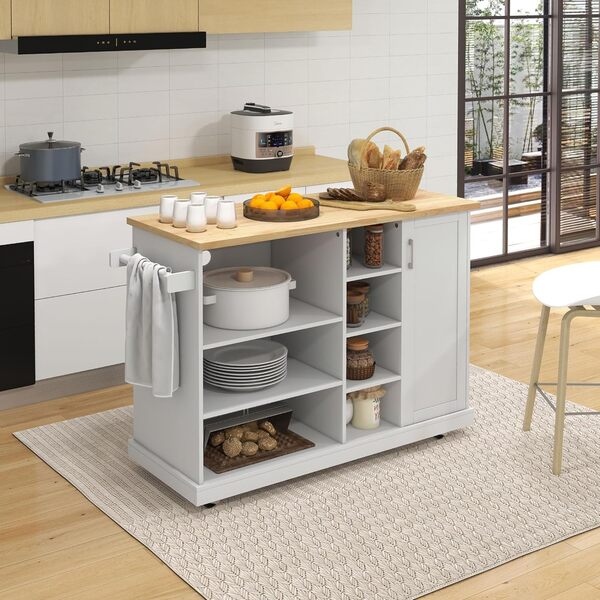 HOMCOM Desserte îlot de Cuisine, Desserte à roulettes, Chariot de Cuisine, 7 Compartiments Ouverts, 1 Placard 1 Porte, 129 x 51 x 93 cm, Bois et Blanc