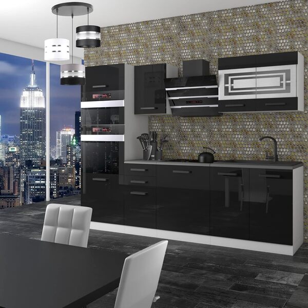 Belini Tracy Cuisine Équipée Complète - 240 cm Avec Plan de Travail, Noir Très Brillant