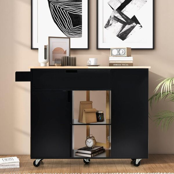 COSTWAY Ilot Central Cuisine Plateau en Bois d'Hévéa Pliable, Desserte à roulettes Porte-Serviettes Porte-épices, Meuble de Rangement Tiroir Armoire à Portes Étagère Ouverte 124x76x92 cm, Noir