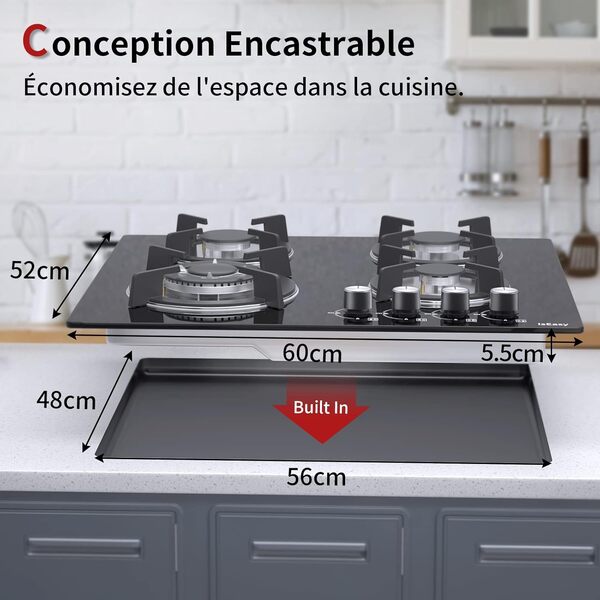 Plaque de Cuisson Gaz 4 Feuxs, Plaque Gaz 4 Feux, Table de Cuisson 60cm - Cuisinière Encastrable - Gazs Ville et Bouteille (4 Brûleurs - Verre)