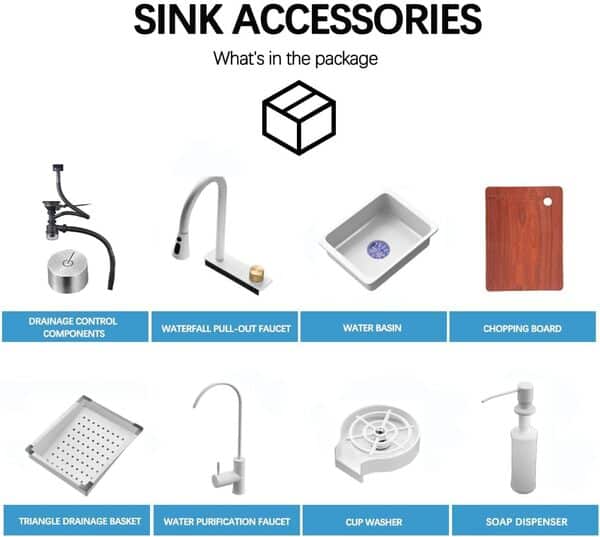 Évier de cuisine cascade - En acier inoxydable 304 - Gris foncé - Multifonction - Avec robinet extensible et autres accessoires - 68 x 45 cm