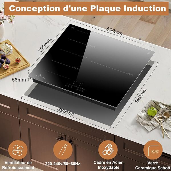 Plaque à Induction 3 Feux, Table de Cuisson Induction, Plaque de Cuisson électrique 3 Foyers, Zone Barbecue Flexible, Sécurité, plaque cuisson 6800W, Minuterie 1-99 min, 230V