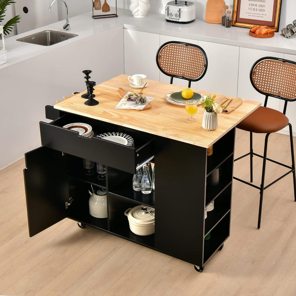 Test : ilot central Costway pliable noir avec plateau en bois et rangements