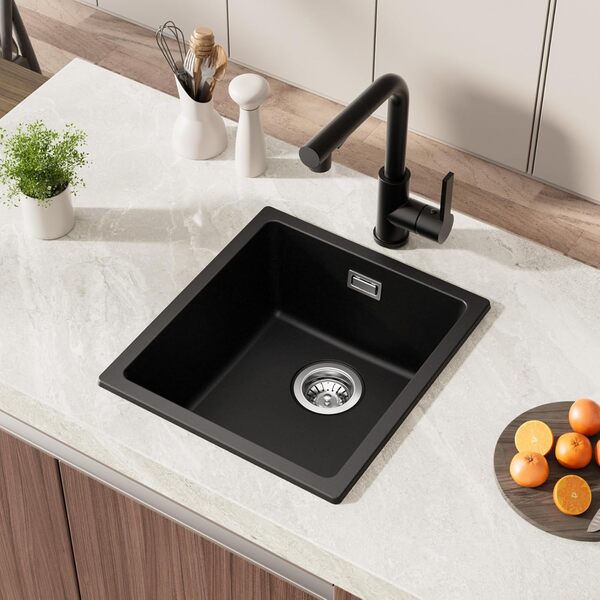 Evier Cuisine 40 x 44 cm, Evier Cuisine 1 bac en Granit, Évier Cuisine Noir avec Siphon et Kit de Drainage, Lavabo Cuisine pour sous-meubles Supérieurs à 40 cm