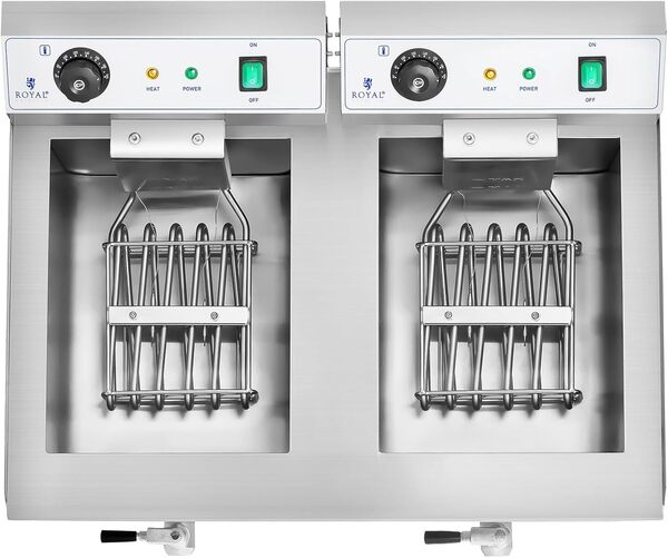 Royal Catering Friteuse Électrique 2 x 3 200 W, 2 x 16 l Au Total / 2 x 12 l D’Huile, Thermostat, 2 Robinets, Acier Inoxydable, De Restaurant Double Professionnelle Commerciale