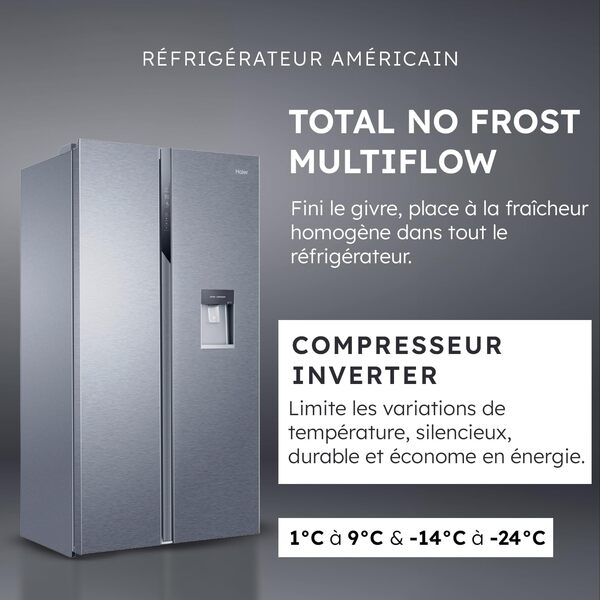 Haier - Réfrigérateur Américain - 2 Portes - Classe Énergétique E - Technologie Total No Frost Multi Air Flow - Inox - 330L + 191L (Congélateur) - 177,5 x 90,8 x 64,7 cm - Modèle HSR3918EWPG [Classe énergétique E]