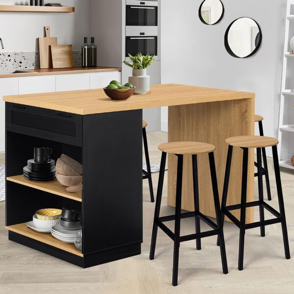 IDMarket - Ilot central mange-debout 4 personnes VITO 130 cm noir et plateau bois