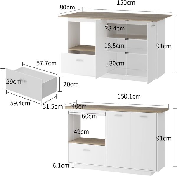 Caldion Central Îlot de Cuisine Buffet Salles à Manger avec Plan de Travail Pliable Meuble de Cuisine avec Plan de Travail Armoire de Cuisine avec tiroirs 150x40x93cm Bois&Blanc