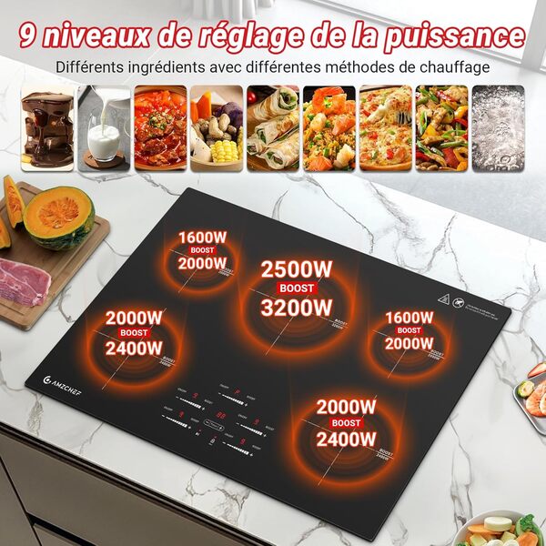 AMZCHEF plaque à induction 80cm, Plaque de cuisson à induction 5 zones avec booster et 9 niveaux, fonction pause, maintien au chaud, contrôle du curseur, minuterie, verrou de sécurité, 9500W