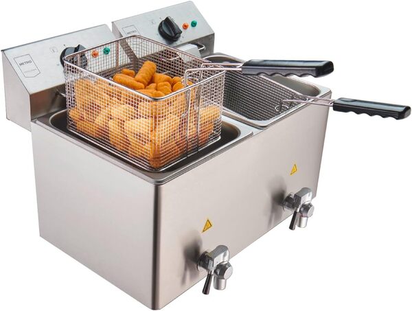 METRO Professional Friteuse double/Fryer électrique GDF3028, acier inoxydable, 55 x 55.8 x 39 cm, 2 x 8 L, robinet de vidange, panneau de commande amovible, argenté