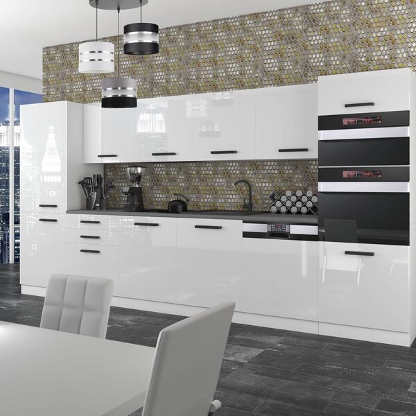 Belini Naomi Bloc de cuisine encastrable, 360 cm, entièrement équipé, sans appareils électriques, avec armoires suspendues et basse, plans de travail, blanc brillant