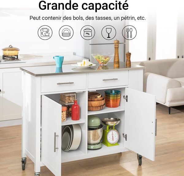 SoBuy Chariot de Cuisine Multifonctionnel avec Plateau en Acier Inoxydable - Tiroirs et Placard, Étagère Latérale, Idéal pour Rangement Cuisine et Meuble à roulettes Blanc 107 x 46 x 94 cm FKW108-W