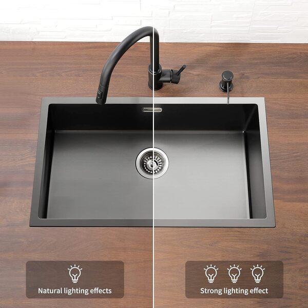 Lonheo Évier Cuisine 1 Bac 74x44cm, Grand lavabo cuisine en Acier Inoxydable, Evier noir avec kit de trop-plein et de vidange, Montage à Encastrer, à poser ou Sous Plan