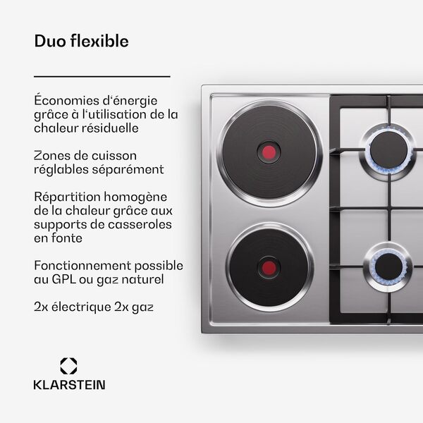 Klarstein MultiChef 4 Plaque De Cuisson Gaz Et Électrique - 4 Zones, 6300W, Acier Inoxydable, Allumage Automatique, Sécurité Enfants, Compatible Gaz Naturel & Gpl, Facile À Nettoyer, 58X8X50Cm