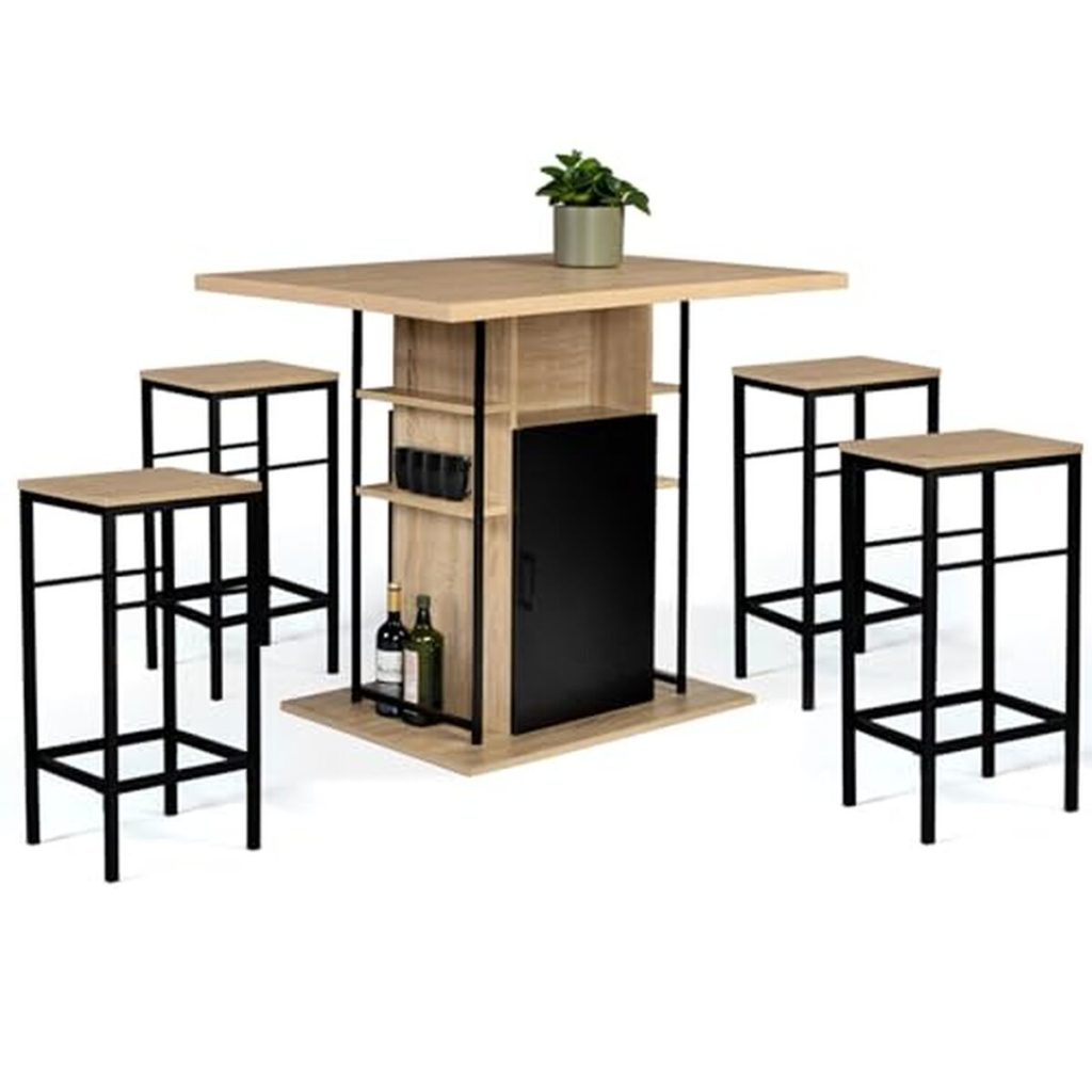 Test : ensemble îlot central IDMarket en bois noir et imitation hêtre avec 4 tabourets design industriel