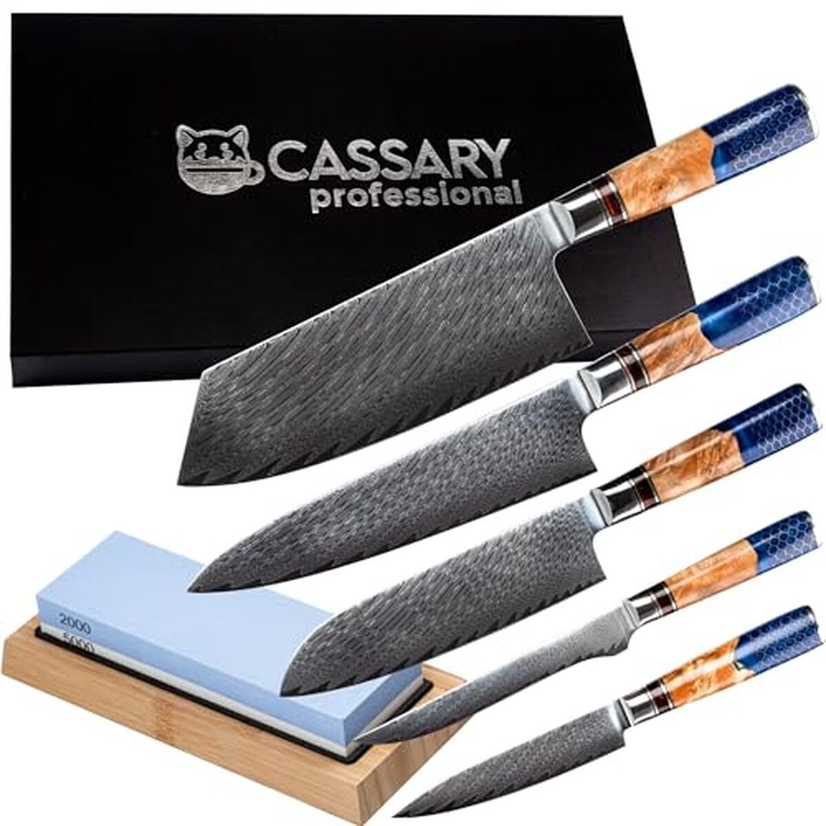 Test : set de couteaux en acier damas avec pierre à aiguiser japonaise