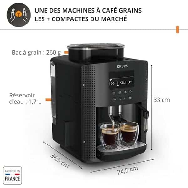 Découvrez la Krups essential YY8135FD, une machine à café performante équipée d'une buse vapeur pour réaliser vos cappuccinos maison facilement.
